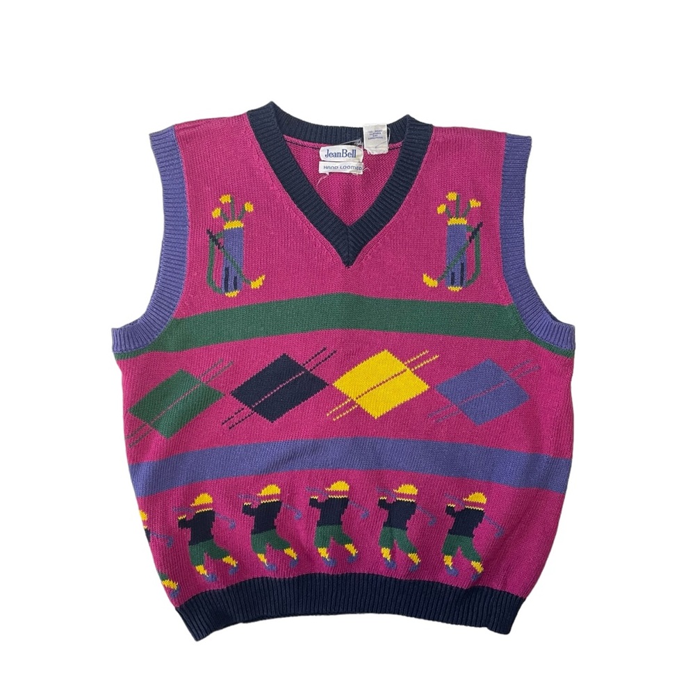 Vintage Jean Bell Pink Purple Golf Sweater Vest Large
